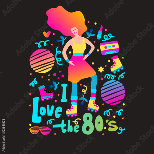 Disco party 70s. I love 80's woman retro night party poster. Roller Skates cassette and other retro symbols