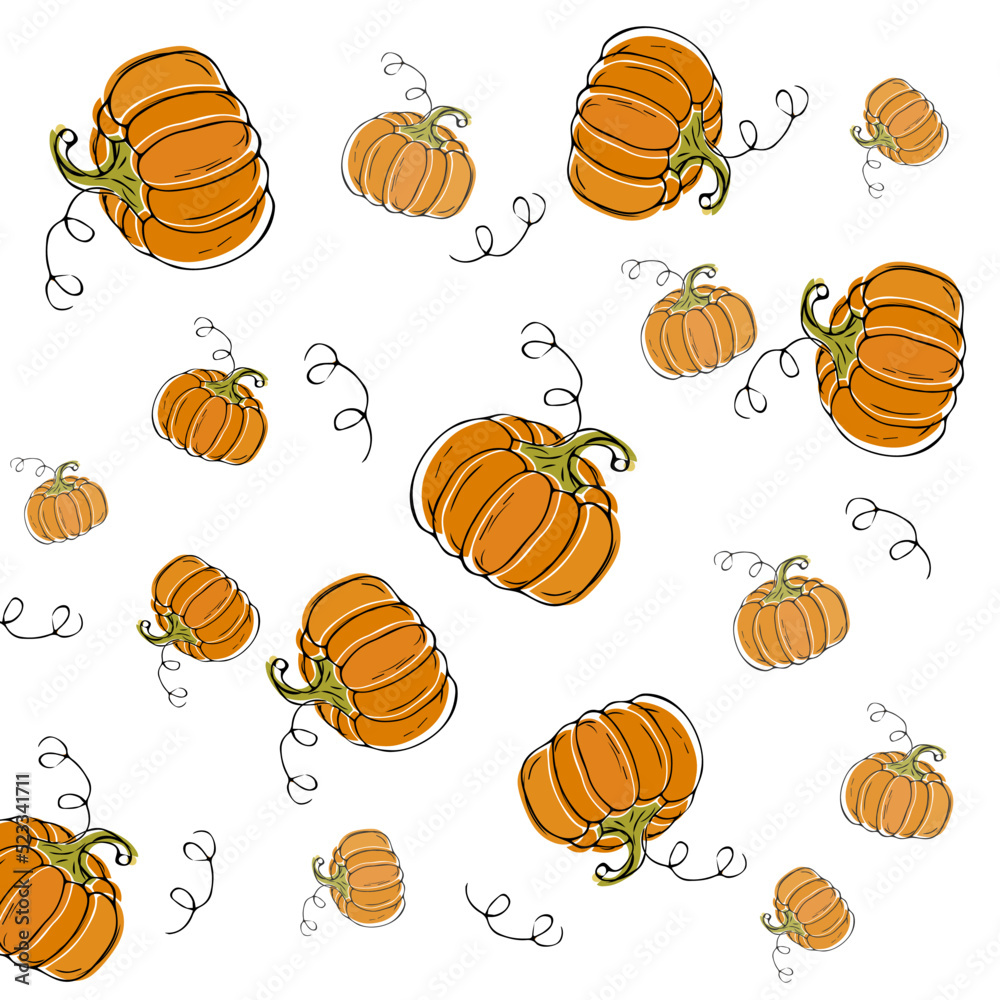 Pumpkins, Halloween seamless pattern on a white background. Seasonal decor