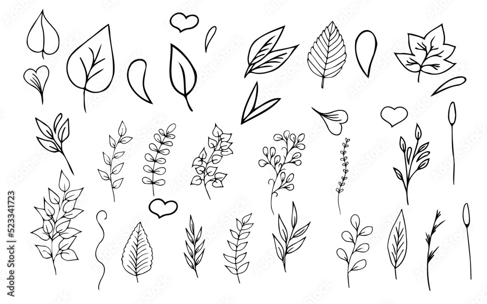 Big set of autumn leaves contour work, handmade, black and white ...