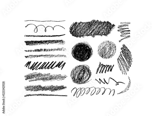 Thin straight and curly charcoal lines. Hand drawn vector charcoal pencil texture. Dry black smears isolated on white background. Set of abstract simple shapes and lines. Soft pencil texture