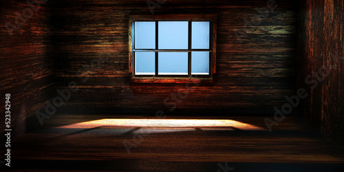 Empty old abandoned room with window, hardwood wall and floor. Hounted dark house interior. 3D render illustration.