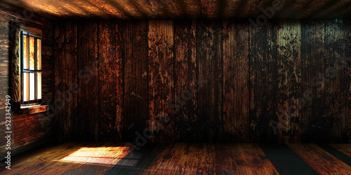 Empty old abandoned room with window, hardwood wall and floor. Hounted dark house interior. 3D render illustration.