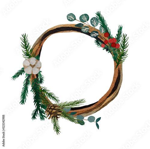 Christmas wreath watercolor. Coniferous branches, dry oranges, eucalyptus, berries, cones, cotton