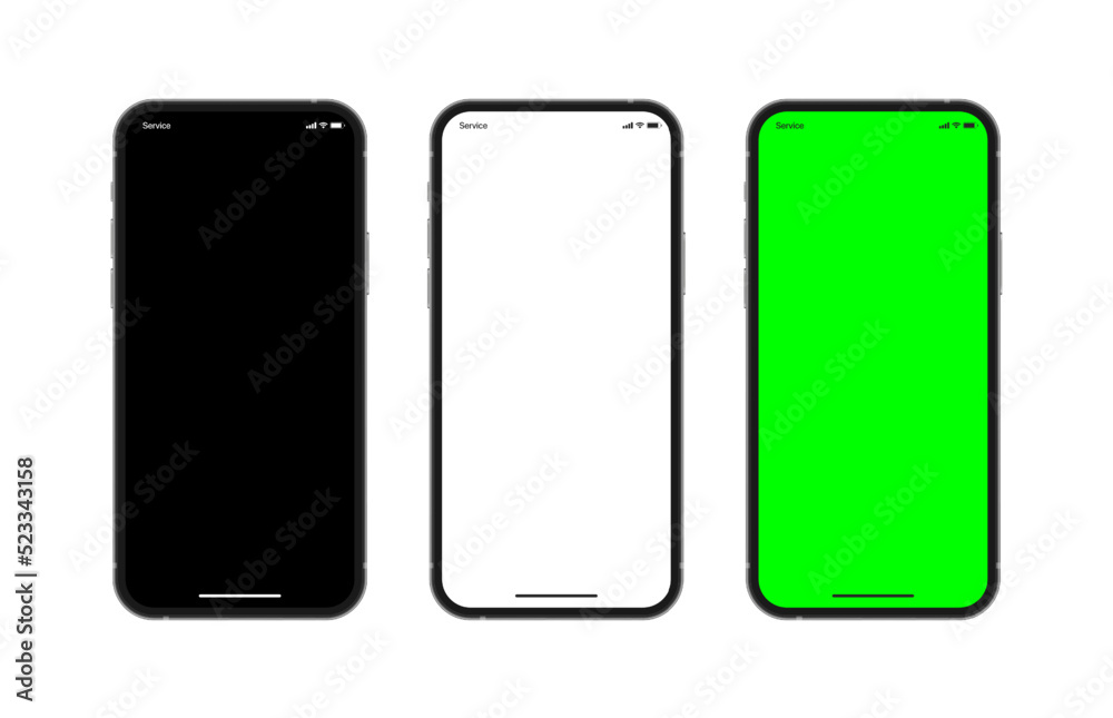 Photo Realistic 3D Vector Mobile Phone Mockup Set with Blank Black White and Green Chroma Key Screen Isolate On White Back. Front View Photorealistic Smartphones with Different Empty Display Templates Photo Realistic 3D Vector Mobile Phone Mockup Set with Blank Black White and Green Chroma Key Screen Isolate On White Back. Front View Photorealistic Smartphones with Different Empty Display Templates