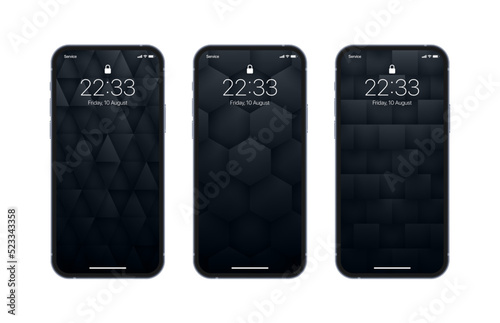 Various 3D Vector Geometric Black Wallpapers Set On Photo Realistic Mobile Phone Screen Isolated On White Background. Abstract 3D Render Technology Structure Different Screensavers For Smartphone