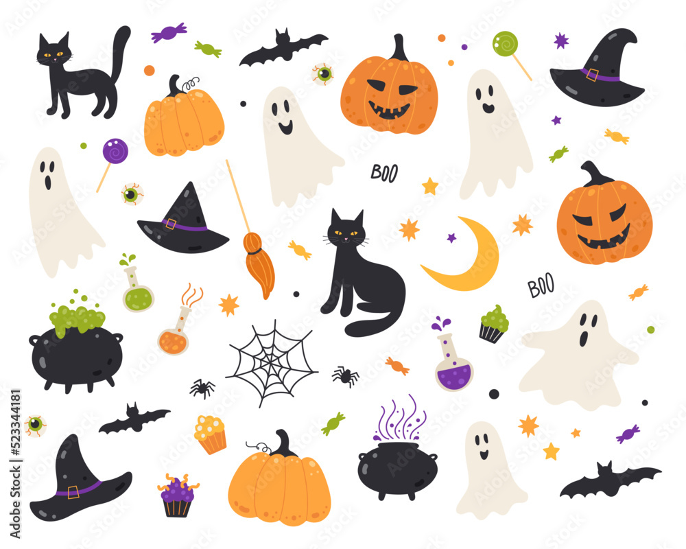 A set of Halloween elements: ghosts, hats, a broom, a black cat, funny pumpkins, a cauldron with a potion, candy. Suitable for scrapbooking, greeting card, party invitation, poster, tag, sticker set. 