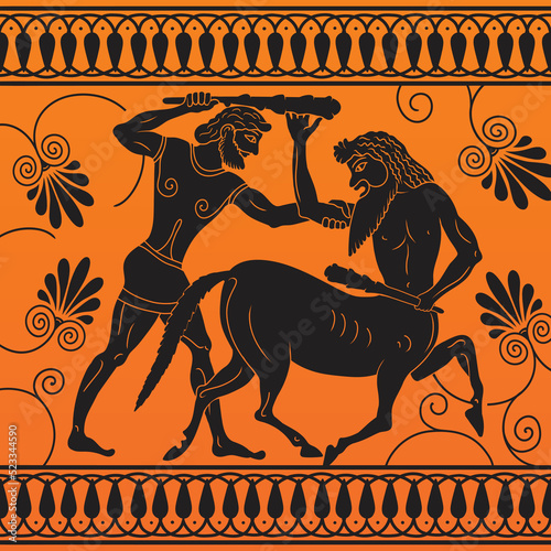 Drawing in the ancient Greek style. Mythological story Ancient Greek man fighting with a centaur with a cudgel in his hands