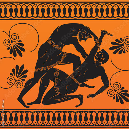 Drawing in the ancient Greek style. Mythological story two men are fighting with knives in their hands.