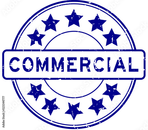 Grunge blue commercial word with star icon rubber seal stamp on white background