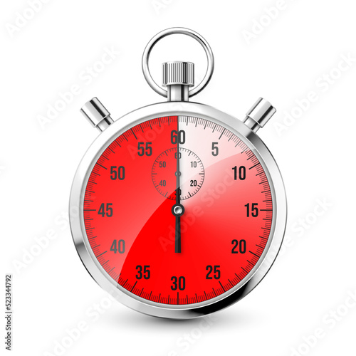 Realistic classic stopwatch icon. Shiny metal chronometer, time counter with dial. Red countdown timer showing minutes and seconds. Time measurement for sport, start and finish. Vector illustration