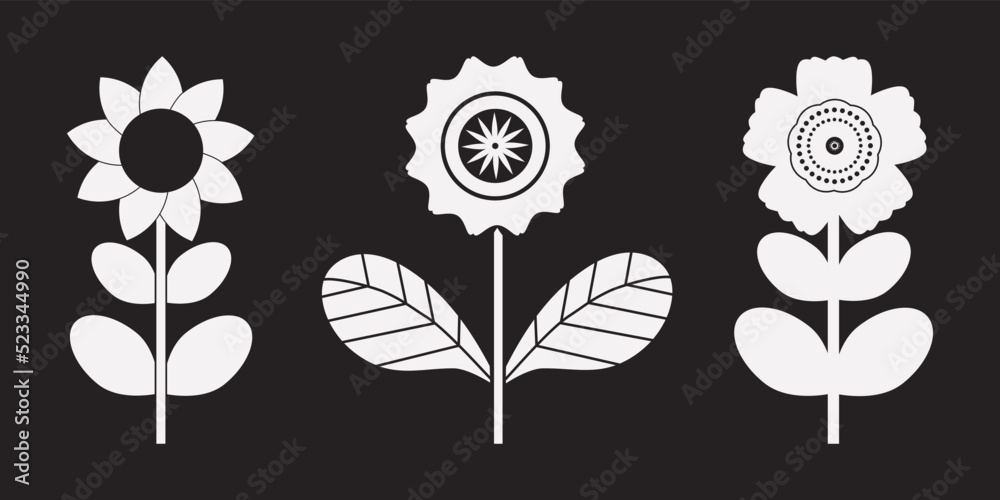Obraz premium White Flowers and Leafs on black background Vector Illustration