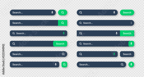 Various search bar templates, dark mode. Internet browser engine with search box, address bar and text field. UI design, website interface element with web icons and push button. Vector illustration
