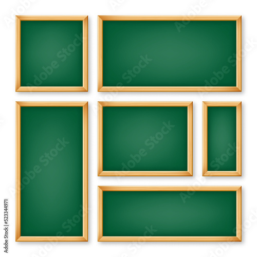 Realistic various chalkboards in a wooden frame. Green restaurant menu board. School blackboard, writing surface for text or drawing. Blank advertising or presentation boards. Vector illustration