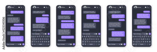 Messaging app design, user interface. SMS text frame. Conversation chat screen with violet message bubbles and placeholder text. Social media application. Vector illustration.