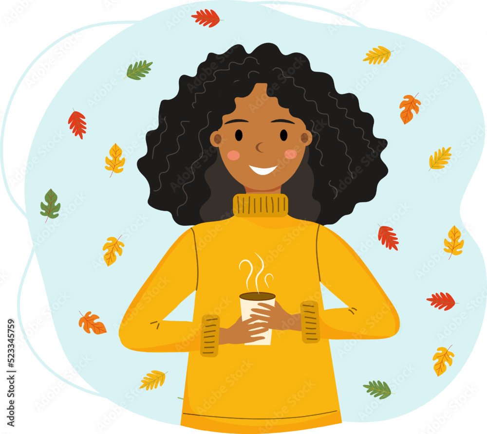 Happy smiling african american girl with cup of hot drink in her hands. Falling colorful leaves. Girl in warm cloth. Autumn mood. Hello autumn. Vector illustration. Happy smiling african american girl with cup of hot drink in her hands. Falling colorful leaves. Girl in warm cloth. Autumn mood. Hello autumn. Vector illustration.