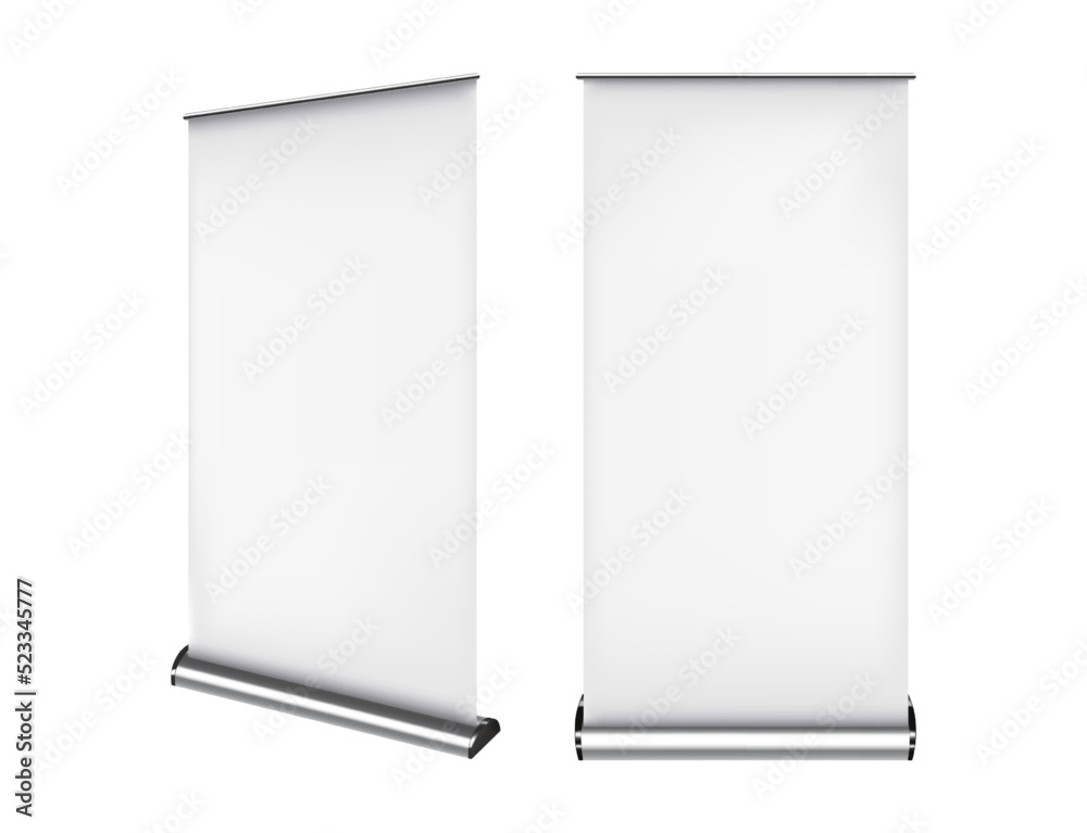 A set of roll up banner. 3d template for your design. For promotional presentation. Realistic vector illustration isolated on on white background.
