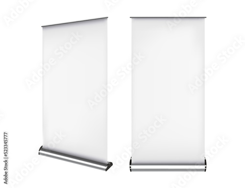 A set of roll up banner. 3d template for your design. For promotional presentation. Realistic vector illustration isolated on on white background.