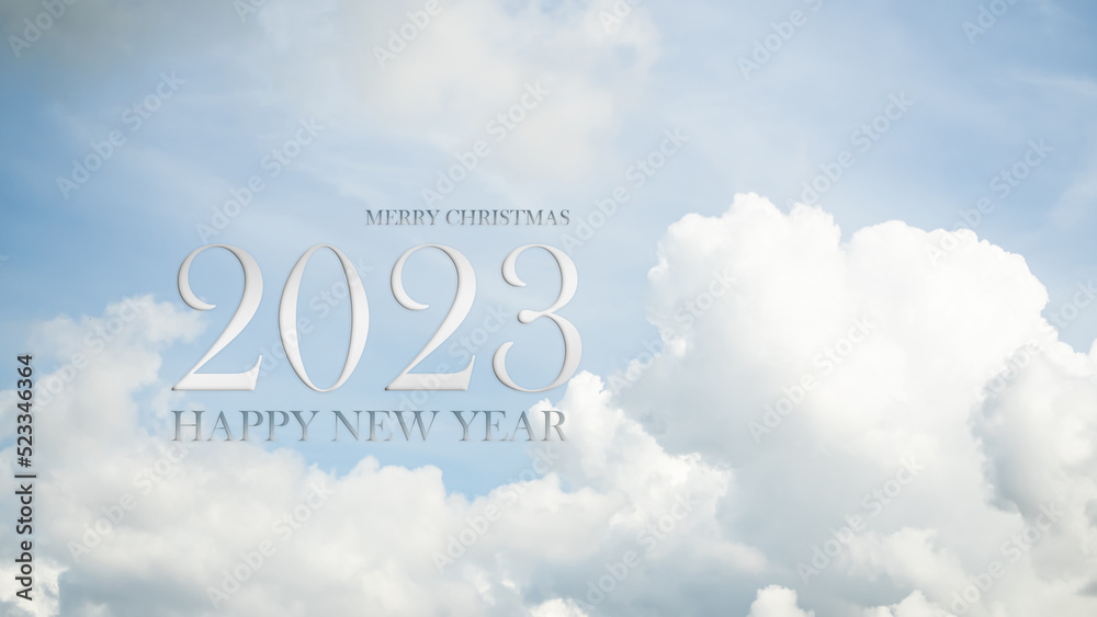 2023  Happy New Year Background concept.text Merry Christmas and Happy New Year 2023 on Cloud and blue Sky nature Enviroment.card or poster for eve celebration holiday party.free space for add company