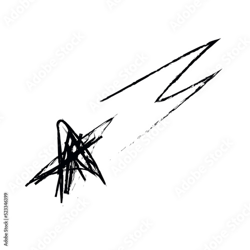 Doodle cosmos illustration in childish style. Hand drawn abstract space shooting star. Black and white.