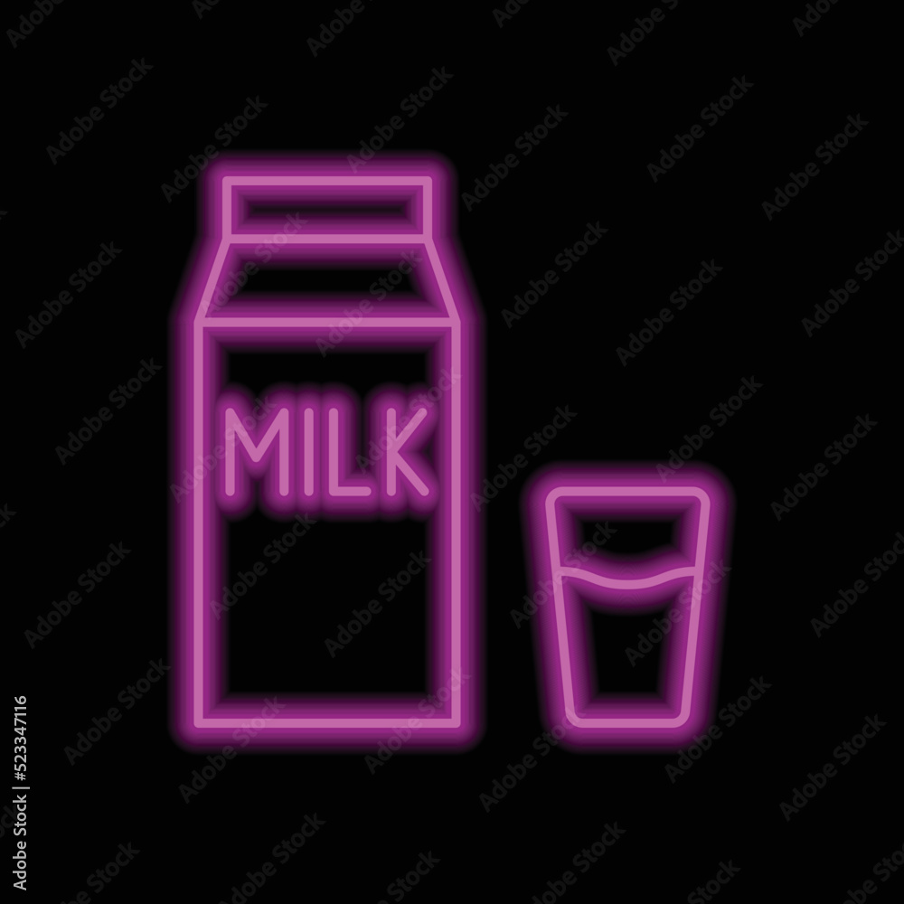 Milk package with glass simple icon vector. Flat design. Purple neon on black background.ai
