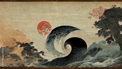 Fényképezés Great wave, Japanese background with watercolor texture