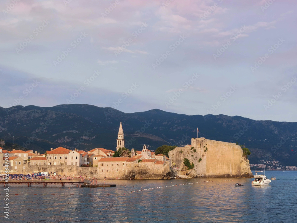 Cityscape with sea and mountains of old town in Budva, Montenegro