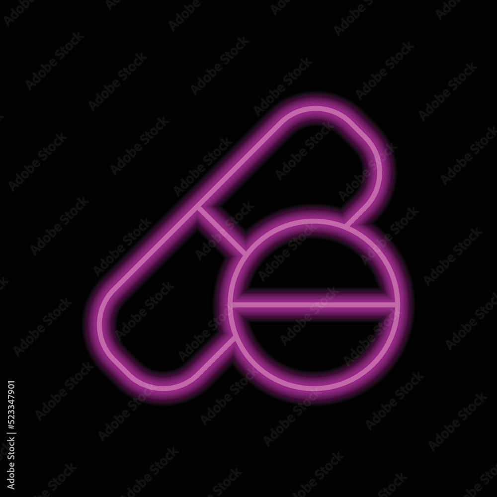 Tablet and pill simple icon vector. Flat design. Purple neon on black background.ai Tablet and pill simple icon vector. Flat design. Purple neon on black background.ai