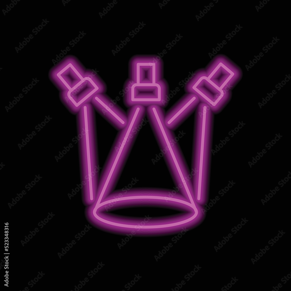 Three spotlights simple icon vector. Flat design. Purple neon on black background.ai