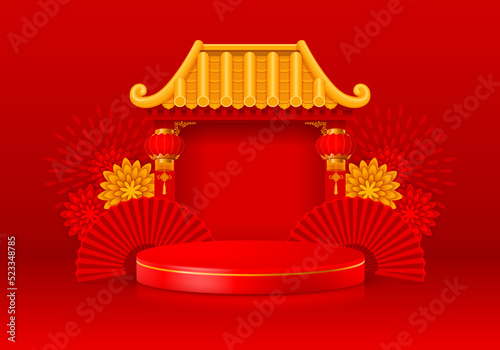 Red oriental background, banner with podium or round stage for product display. Chinese traditional gate with bamboo roof, hand fans and floral decor on backdrop. Vector illustration