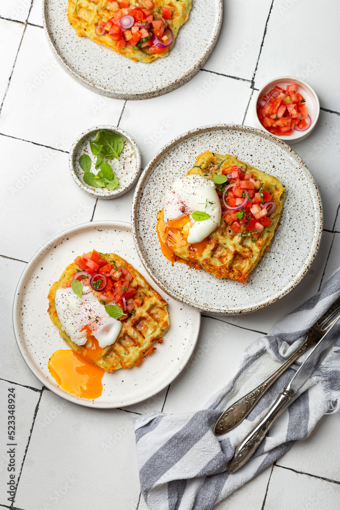 zucchini waffles with tomato tartare and poached egg zucchini waffles with tomato tartare and poached egg