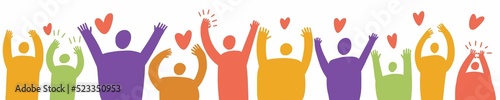 A group of happy people with their hands raised to the top. Vector illustration by hand.