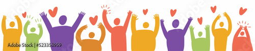 A group of cheerful people with their hands raised to the top.