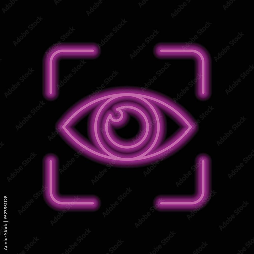 Eye scan simple icon vector. Flat design. Purple neon on black background.ai