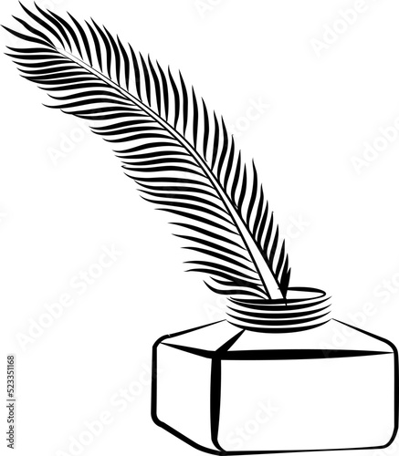 A feather quill ink writing pen and inkwell in a doodle style woodblock line art vector illustrator drawing 