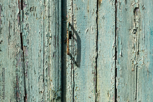 Wood for background texture. Wooden blue empty peeled plank, rusty handle for backdrop. Copy space