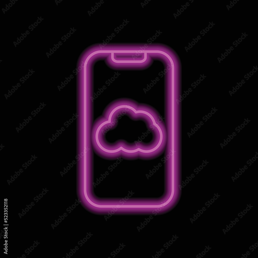 Mobile phone with cloud simple icon vector. Flat design. Purple neon on black background.ai Mobile phone with cloud simple icon vector. Flat design. Purple neon on black background.ai