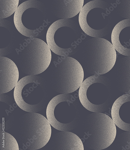 Bohemian 50s 60s 70s Stipple Different Circles Seamless Pattern Vector Abstract Background. Trendy Exclusive Textile Design Dot Work Grainy Texture Repetitive Grey Wallpaper. Halftone Art Illustration