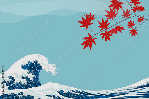 北斎風の波ともみじの日本の秋の風景
