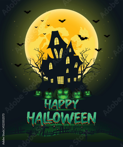 Happy Halloween poster banner with green pumpkin haunted house on full moon vector illustration