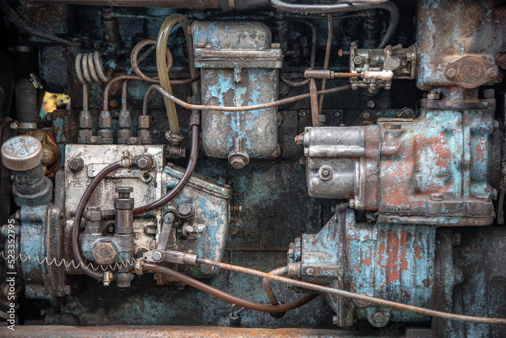 Old diesel engine on agricultural machine