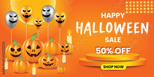 Happy halloween sale podium design with scary pumpkin ghost balloons and candle
