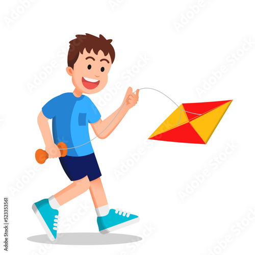a cute boy trying to fly his kite