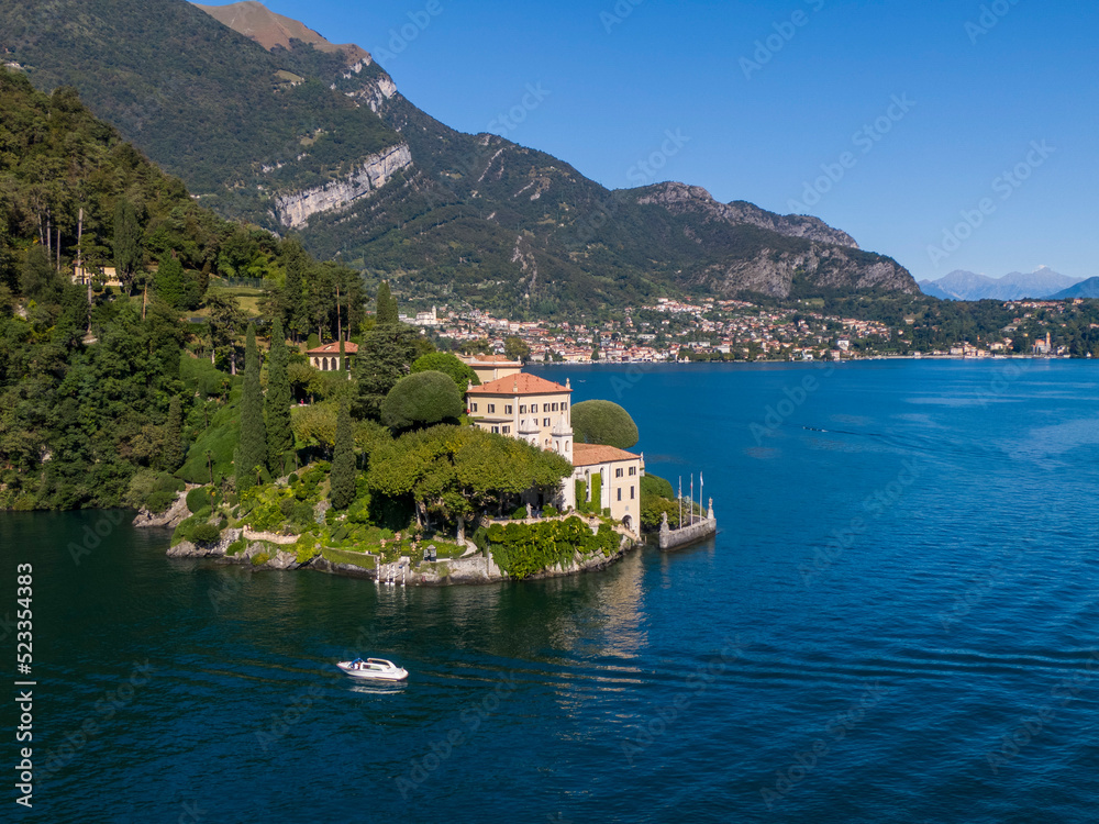 Aerial view of the Villa del Balbianello on the Lake Como