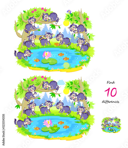 Find 10 differences. Illustration of cute kittens fishing. Logic puzzle game for children and adults. Page for kids brain teaser book. Developing counting skills. Vector drawing.