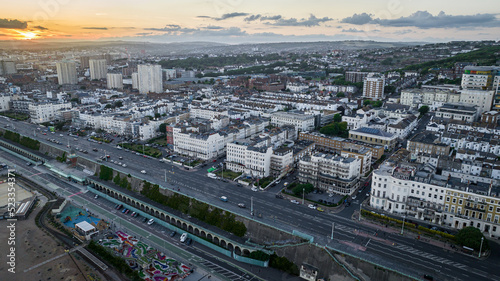 Aerial view of a seaside and beach of Brighton, East Sussex, UK