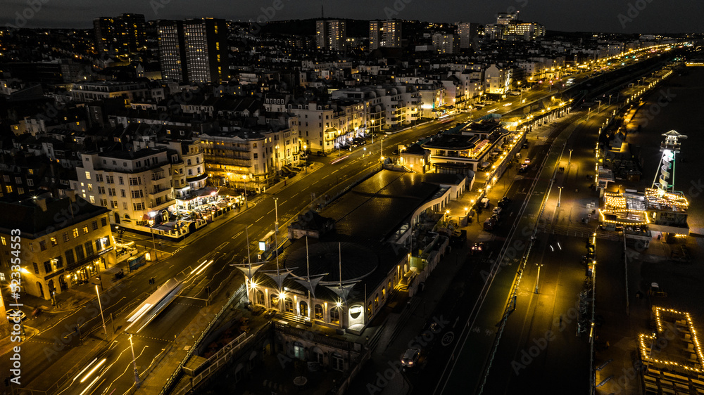 Aerial view of Brighton at night with all the colours coming out, East Sussex, UK