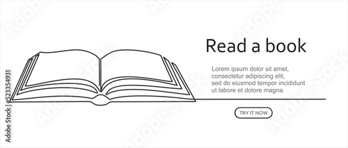 Open book with continuous one line drawing with flying pages. Illustration of educational supplies back to school theme for website landing page. Order a banner for one line drawing.