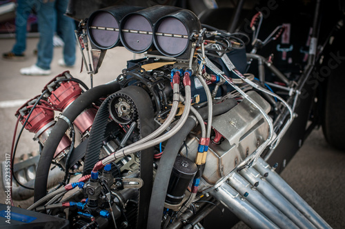 Big supercharged V8 in a drag car