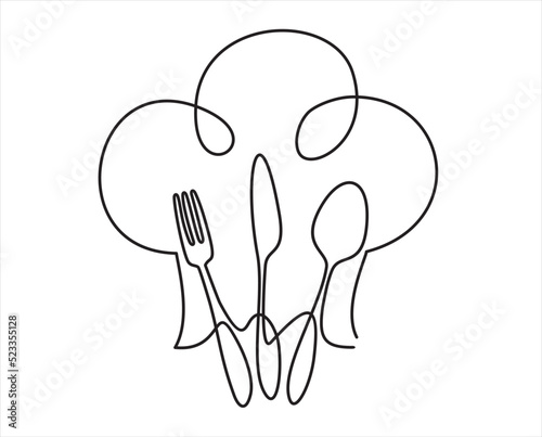 One single line drawing of chef hat or cap with fork, spoon and knife for restaurant vector graphic illustration. Elegant cafe badge concept. Modern continuous line draw design street food logotype