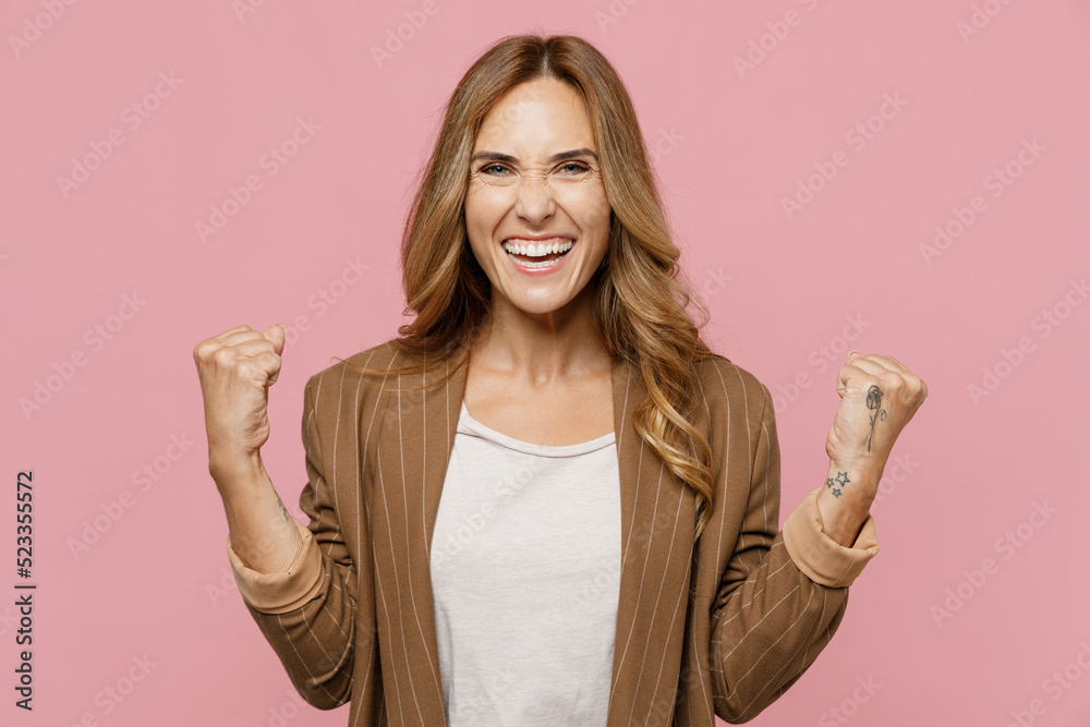 Poster Young happy fun employee business woman 30s she wear casual ...